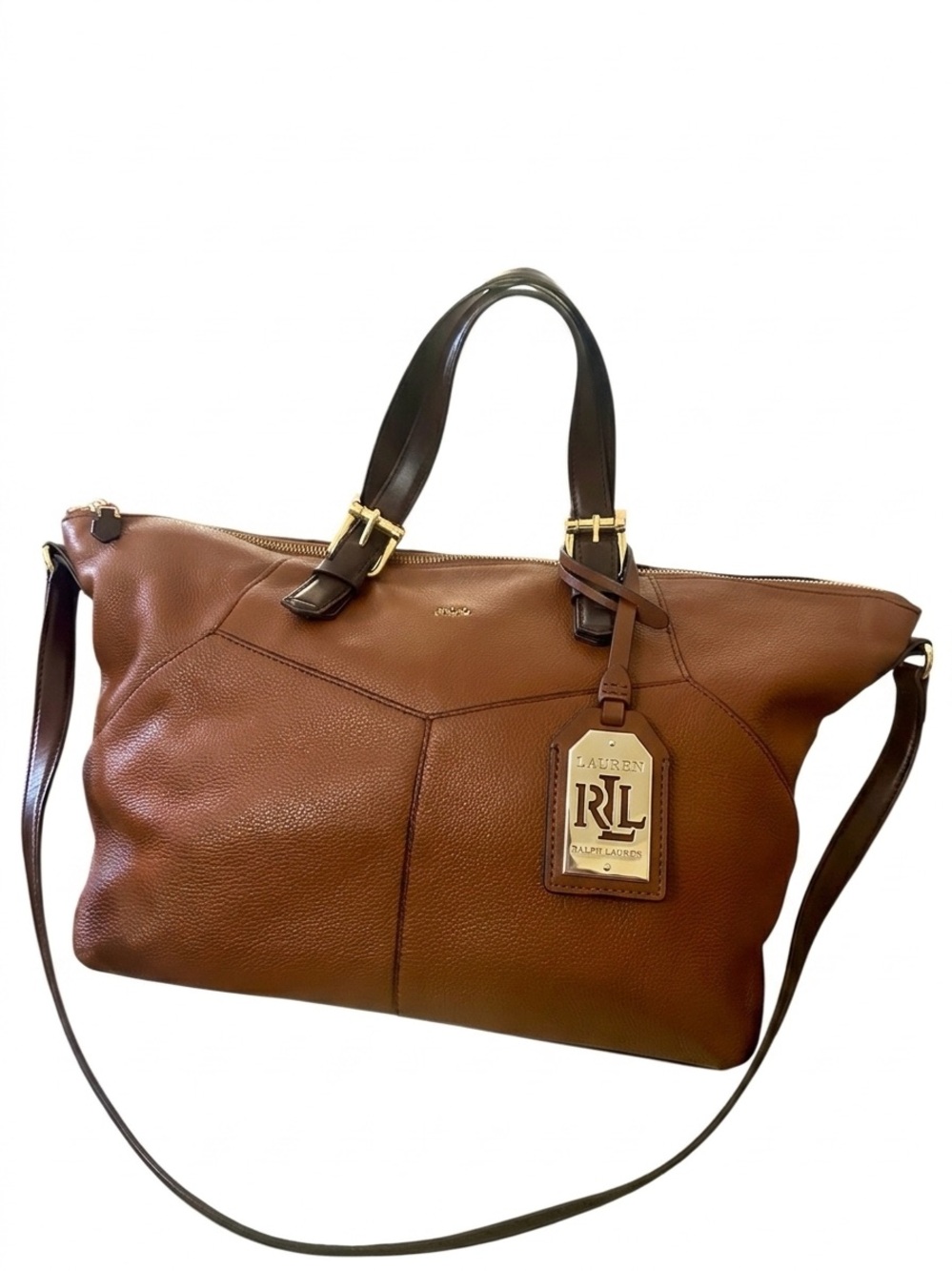 Lauren Ralph Lauren Large Chestnut Brown Luxury Leather Tote | Gold Hardware - Picture 2 of 16